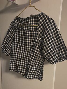 Ann Taylor Black & White Gingham Puff-Sleeve Blouse